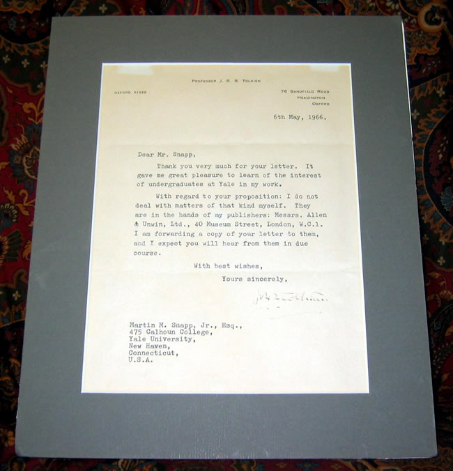 Autographed, 1 page typewritten letter to Martin M. Snapp, Jr., Yale University. On tolkien's own 76 Sandfield Road, Headington Oxford stationery. 